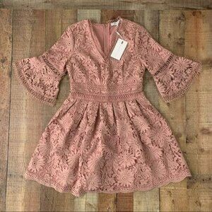 Endless rose all of lace bell sleeves mini dress in blush pink - S